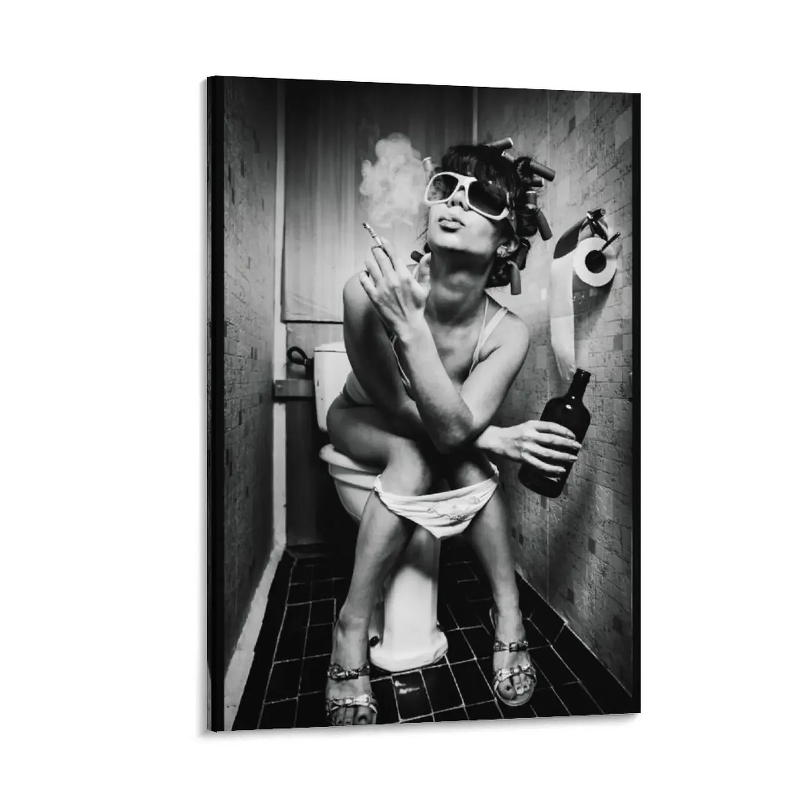 

Girl Sits In The Toilet- Black And White Girl Sits In The Toilet Smoking - Girl SmokingIn Toilet Canvas Painting wall art