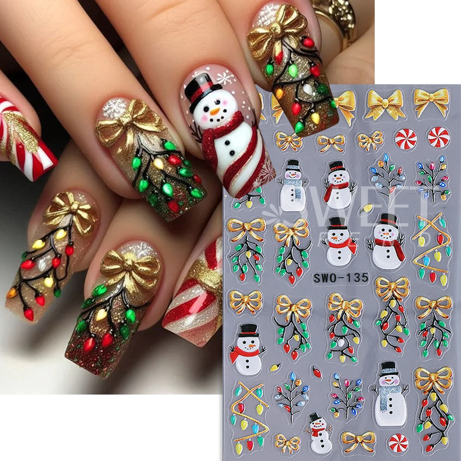 3pcs 양각 크리스마스 네일 스티커 귀여운 눈사람 눈송이 산타 클로스 활 네일 데칼 가을 겨울 네일 용품 장식