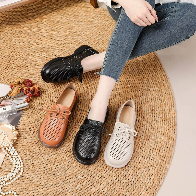 2026 Spring Summer Genuine Leather Women Casual Shoes Comfort Flat Round Toe Mother Shoes for Daily Wear Plus Size 41 D865