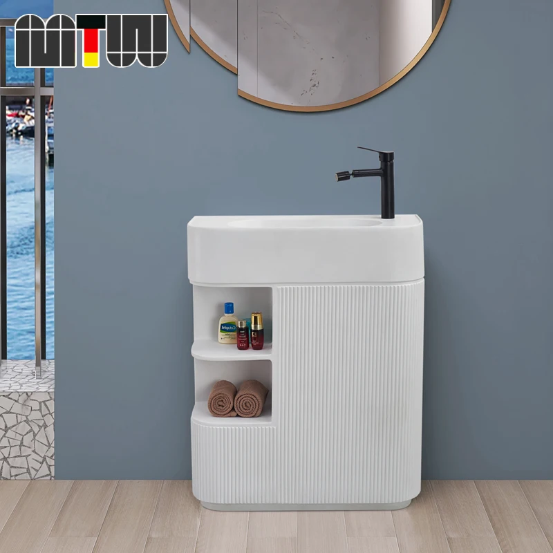 Lavabo de columna minimalista moderno, lavabo de pie integrado, balcón, baño, lavabo vertical de arte grande