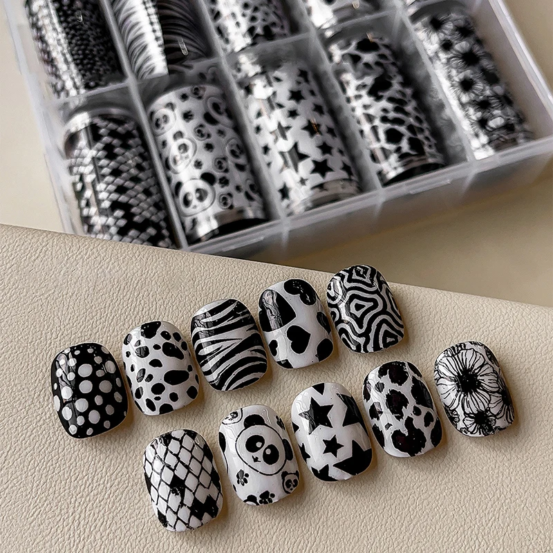 10 Rolls/Box Love Leopard Spots Nail Foils For Transfer Paper Abstract Stickers Sliders Nails Wraps Diy Nail Art Decoration