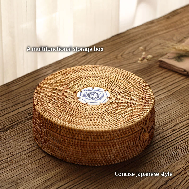 Handwoven Rattan Storage Box With Lid Wicker Tea Food Container Picnic Bread Fruit Cake Basket Ornament Box Kitchen Organizer