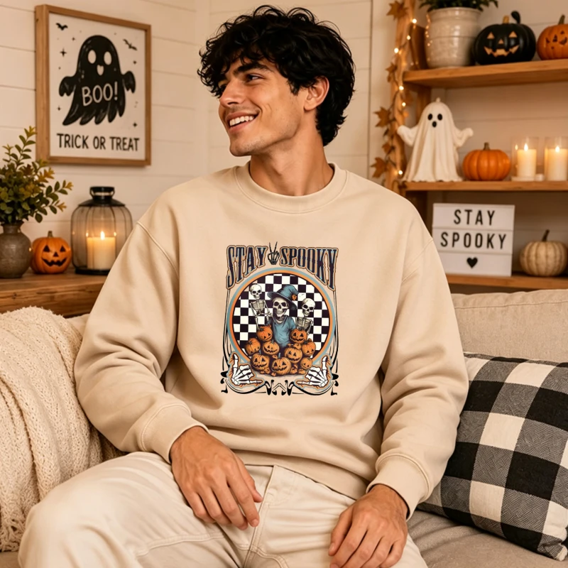 Halloween Sweatshirt Fall Long Sleeve Party Family Matching Stay Spooky Skeleton Pumpkin Witch Hat Checkered Graphic Pullover