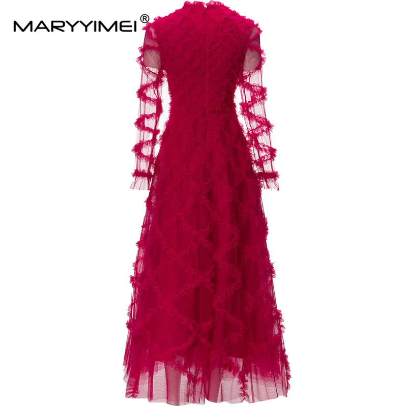 MARYYIMEI New Fashion Designer Red Dress Women's Round Collar Long Sleeve Mesh Cross Fungus Selvedge Slim Long Dresses