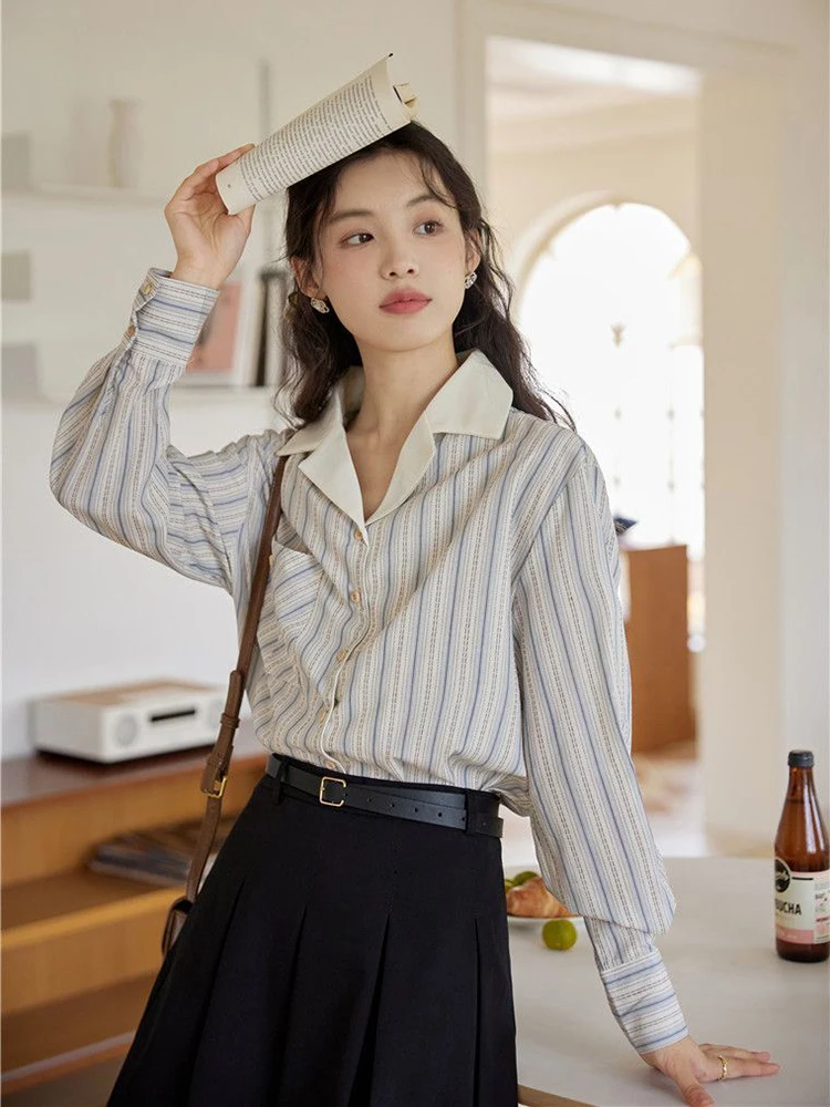 Japanese Striped Fall Shirt Vintage Pure Cotton Women Simple Casual Blouse Office Lady Loose Notched Collar Long Sleeve Tops
