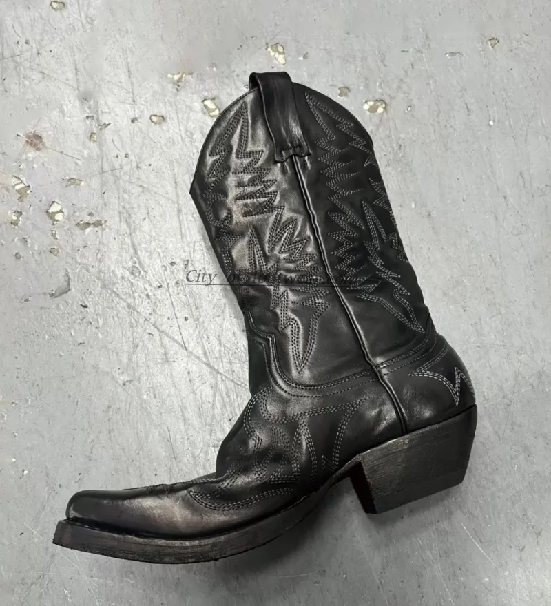 

Black Genuine Leather Embroidered ankle boots Women's Retro Slouch pull on low heels western Boots big size designer shoes