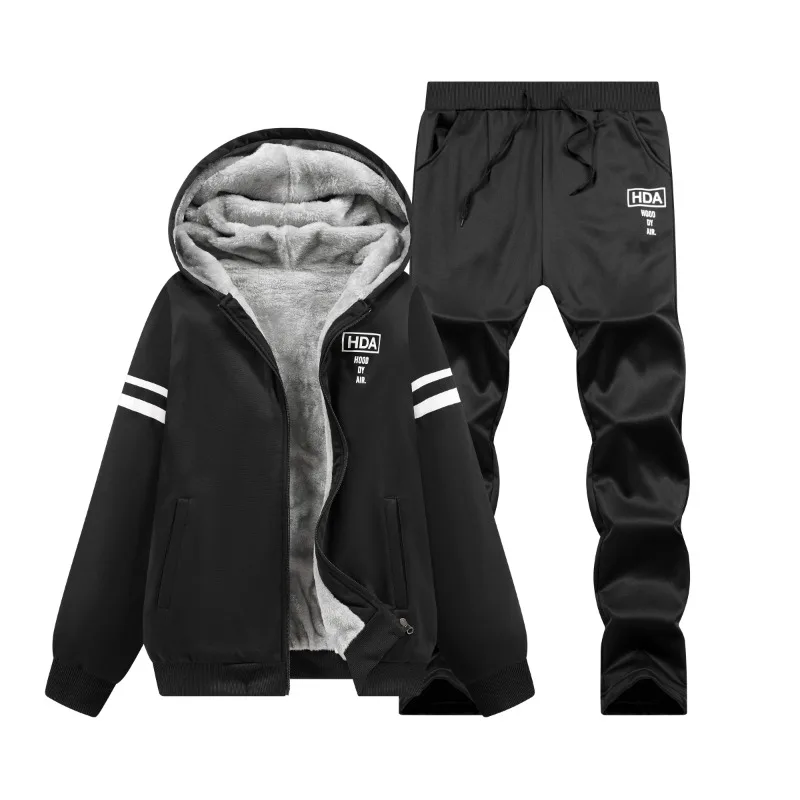 

Men's Printed Autumn Winter Velvet Thickened Sweatshirt Hooded Cardigan Coat Top Elastic High Waist Trousers Casual Sports