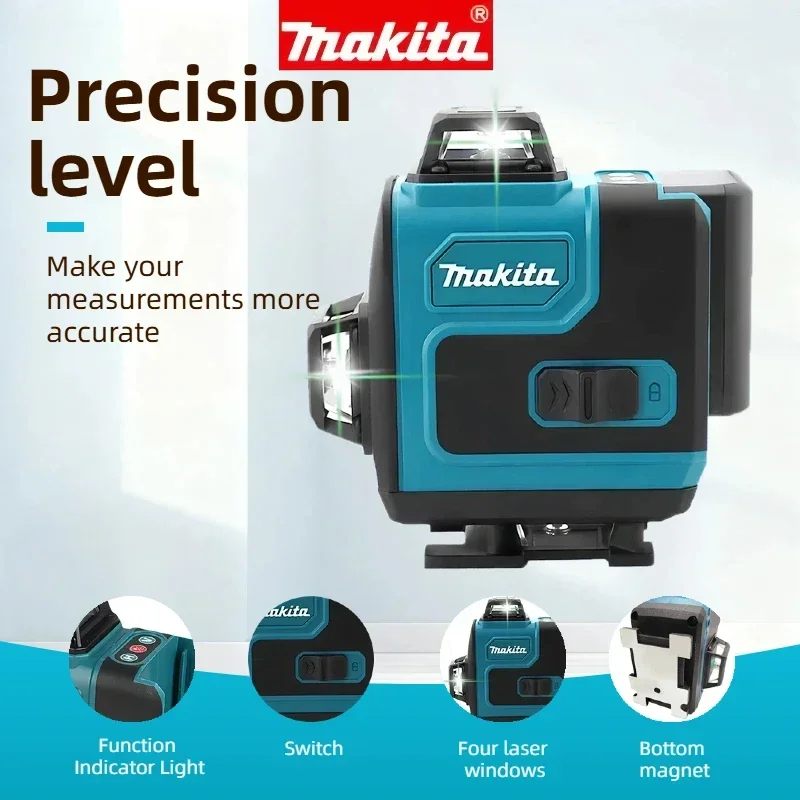 Makita 16 Line - Láser de Nivelación 3D-4D de Alta Precisión 360 ° Nivel Láser Verde Horizontal y Vertical, Herramientas Eléctricas Portátiles de Montaje en Pared
