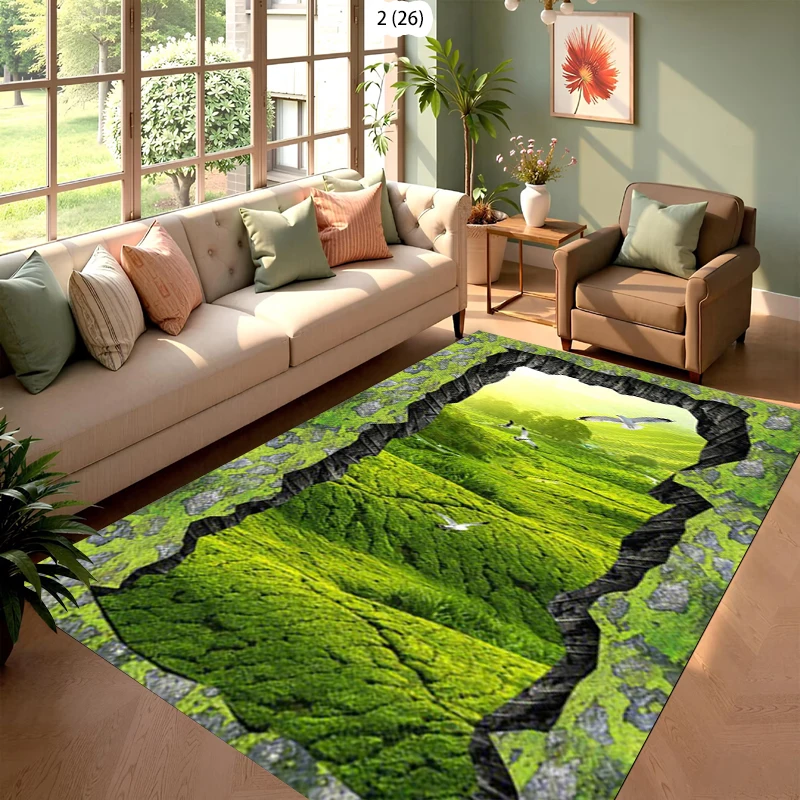 2D Crack Valley Green Mountain Bird Rug Carpet Mat Non-Slip for Living Room Bedroom Natural Home Decor