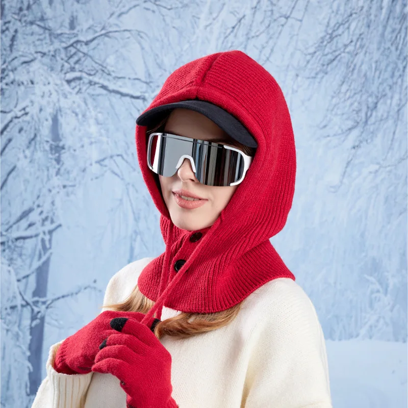 Winter Warm Ear Protecting Knitted Gloves Hat Women Shawl All-in-One Pullover Woolen Cap Button Ski Outdoor