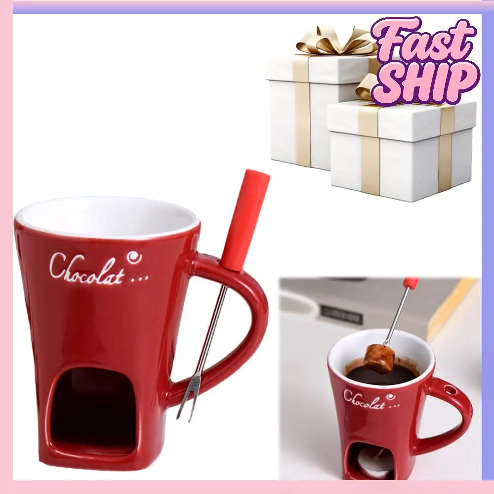 

Candle Cup Cheese Chocolate Melting Ceramic Fondue Mugs Cup with Fork(Red)
