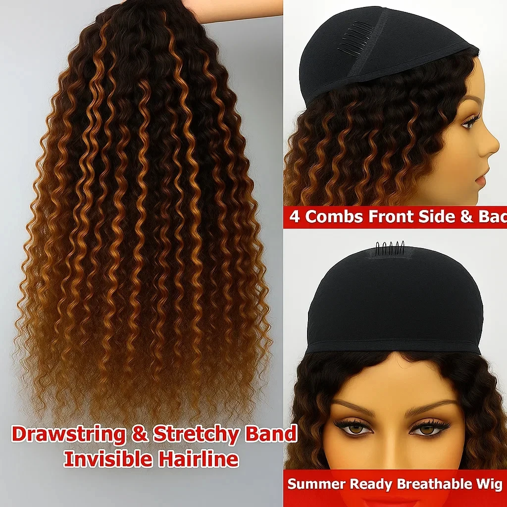 ディープウェーブ3in1ハーフウィッグ人毛200%密度装着簡単ハーフウィッグ接着剤不要初心者向けシームレスクリップ式ウィッグ女性用