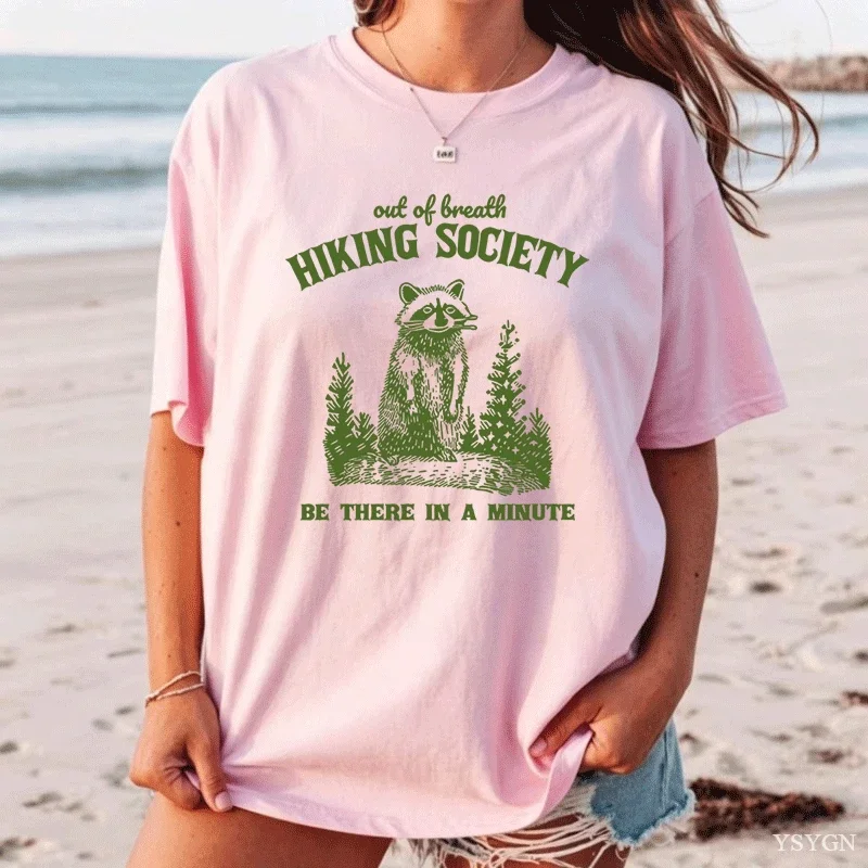 Out of Breath Hiking Society Raccoon Retro T-shirt Women Funny Hiking T Shirt Forest Camper Animal Trash Panda Tshirt Streetwear