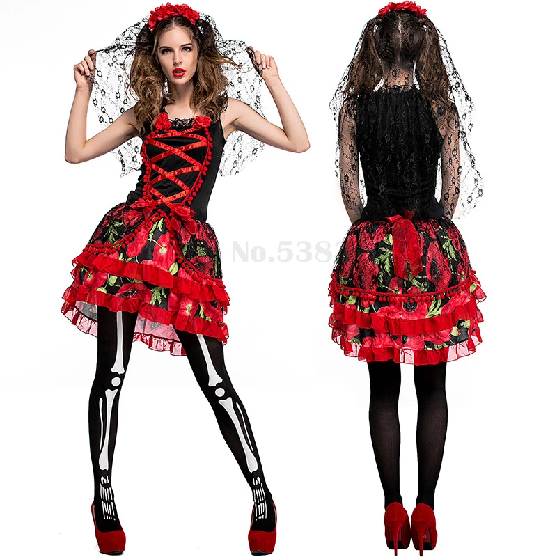 Female Mexican Day of The Dead Flower Fairy Ghosts Bride Cosplay Costumes Halloween Carnival Party Dress Easter Purim Clothes