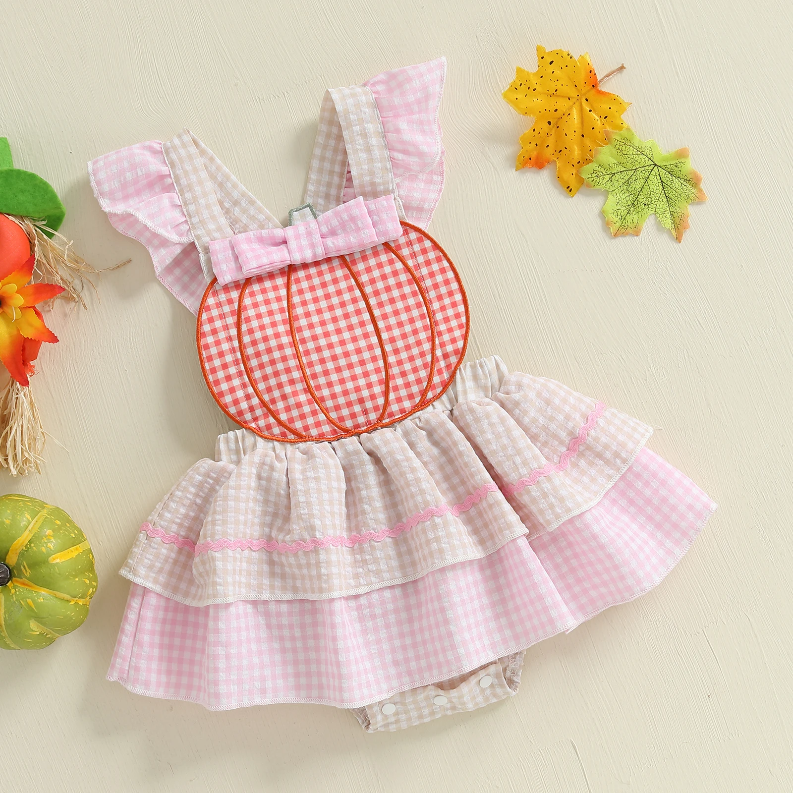 

0-18M Infant Baby Girl Halloween Romper Casual Pumpkin Embroidery Plaid Fly Sleeves Jumpsuit for Newborn Toddler Cute Clothes