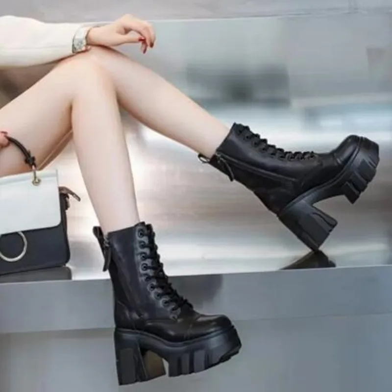 NOWOŚĆ Punk Gothic Women Boots 11CM Platform Wedge Knee High Fashion British Boot ZIP Leather Ankle Spring Synthetic Autumn Shoes — zdjęcie 3