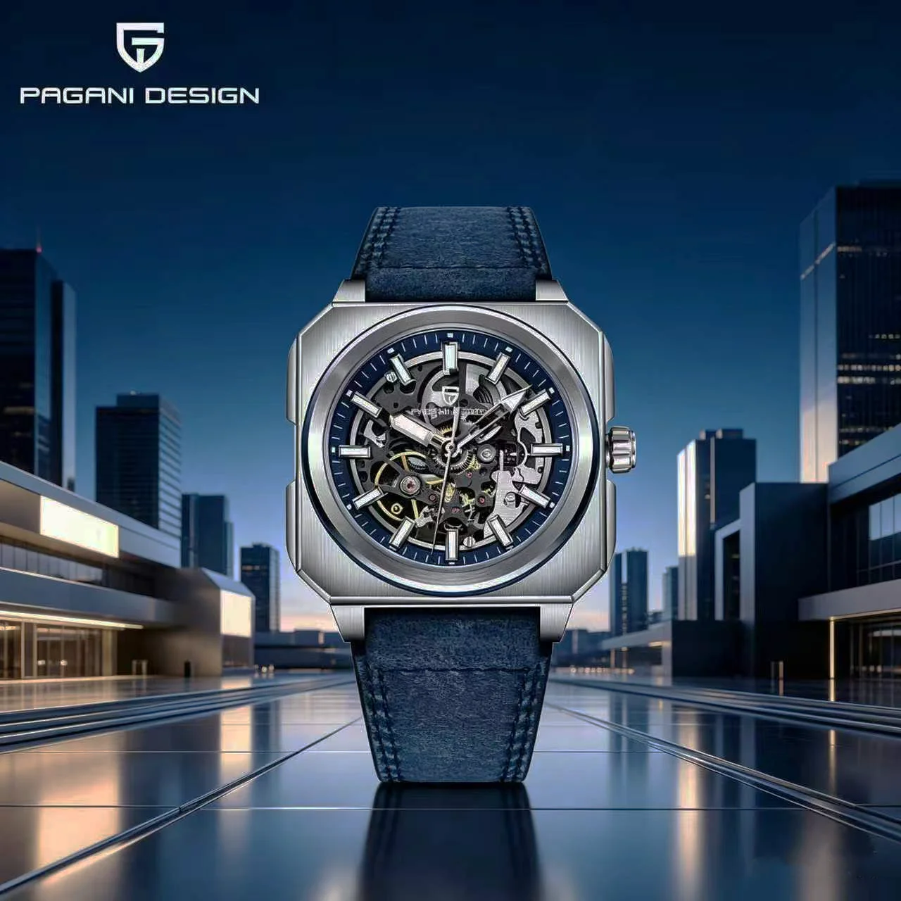 Pagani Design Top Neu 38mm Quadratisches Schwungrad Leuchtendes Hohles Zifferblatt 50m Wasserdicht Herren Mechanische Automatikuhr