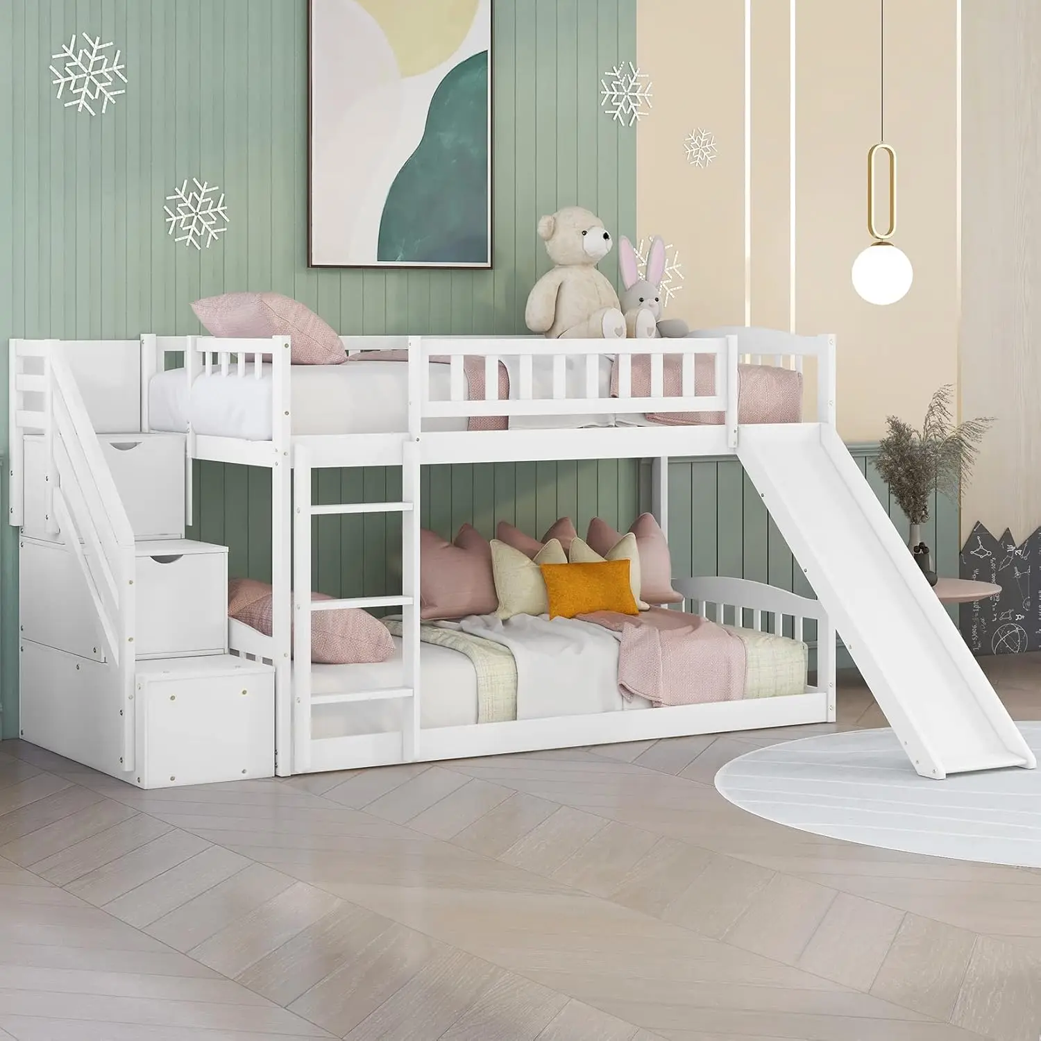 

Bunk Beds With Slide Twin Over Twin Low Bunk Bed Frame With Storage Drawers Stairway Wood Bunk Bed For Kids Boys Girls, White