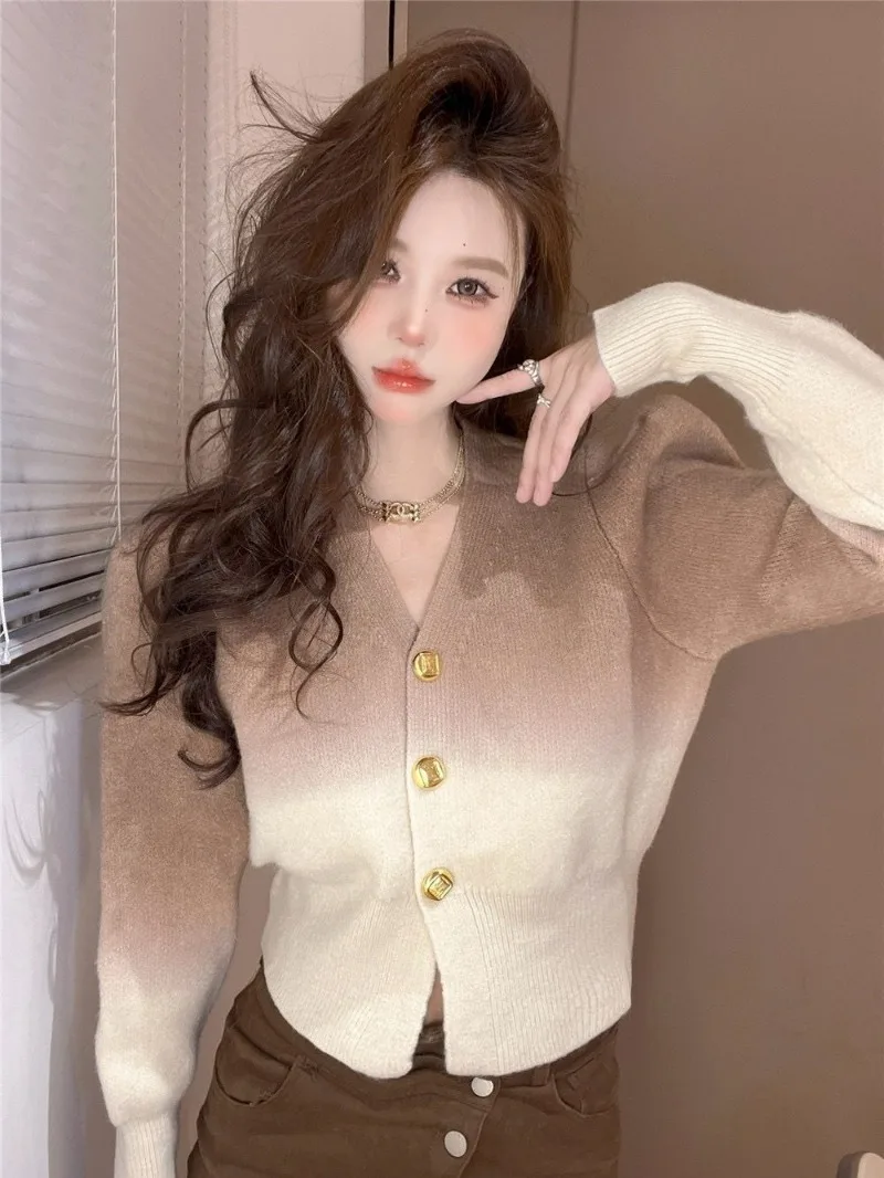 Autumn and Winter Fragrance Gradient Rose Red Sweater Women's Pink Short Bubble Sleeve Top Knitted Cardigan Coat Female Clothing