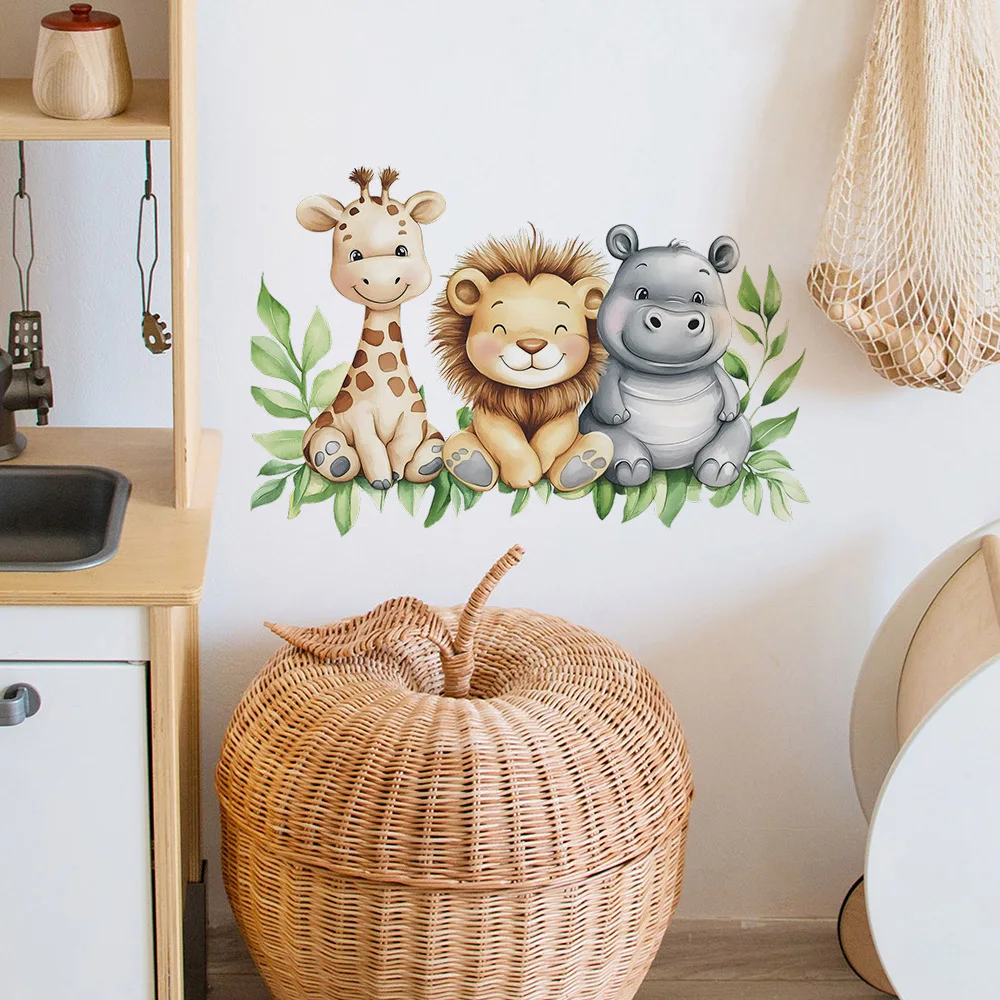 Cartoon Giraffe Lion Hippopotamus Wall Sticker Kids Room Bedroom Background Decoration Wallpaper Home Decor Self-adhesive Decals