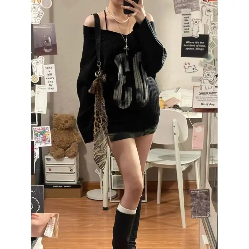 

Женский свитер в стиле Y2K, корейский, вязаный, осенне-зимний, с открытыми плечами, длинный, свободный крой, V-образный вырез