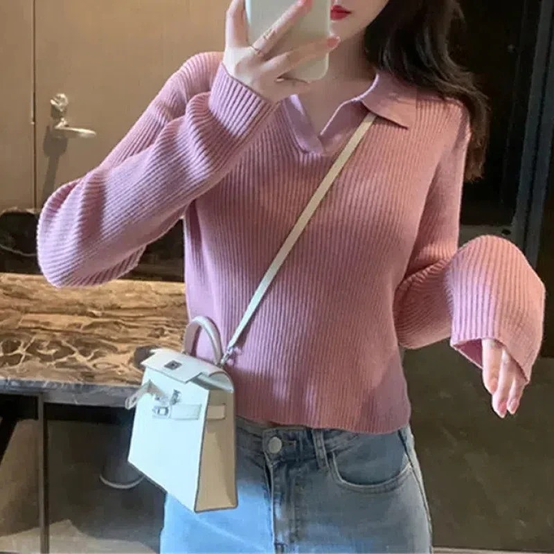 Women's Clothing Solid Color Knitted Casual Sweater Pullover Turn-down Collar Screw Thread Long Sleeve Office Lady Sweet Tops