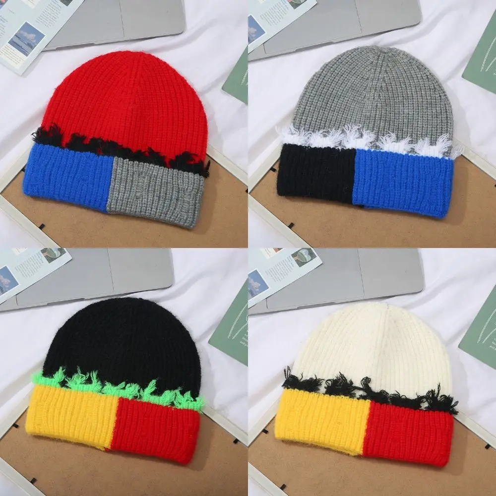 High Elasticity Patchwork Knit Beanie Hole Design Cold Weather Resistant Beanie Hat Patchwork Style Warm Knitted Hat