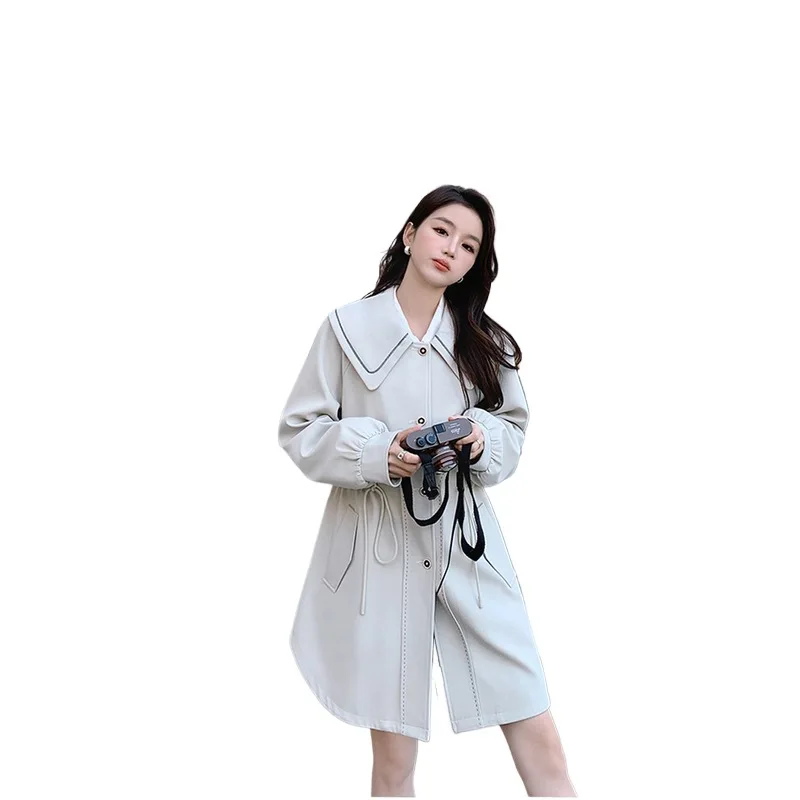 الفرنسية ربيع الخريف الحلو الرجعية الأبيض سترة واقية بسيطة أزياء أنيقة مريحة طويلة دمية طوق الرباط زر معطف