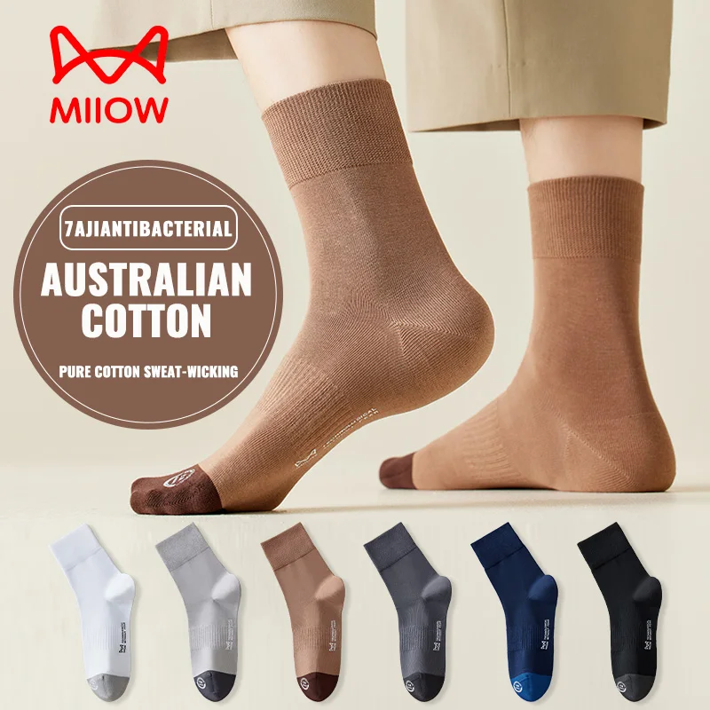 Miiow meias de algodão australiano masculinas, meias antibacterianas anti-odor, vestido de negócios, preto, branco, meia longa, respirável, esportiva