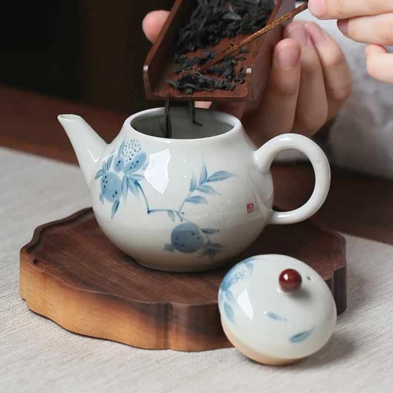 Chinese Style Plant Ash Hand Drawn Pomegranate Pattern Teapot Kung Fu Tea Set Household Indoor Supplies Teaware Ceramic Pot, 1Pc