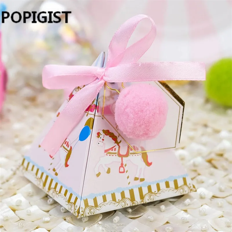 100pcs Triangular Christening Baby Shower Blue/Pink cartoon horse Candy Boxes With Ribbon & Tags & Balls Baptism Party Gift box