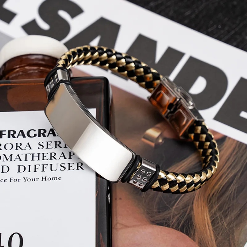 DIY Engravable Men's Stainless Steel Bracelet Retro Business Style Hand-Woven Rope Bangle Perfect Couple Gift