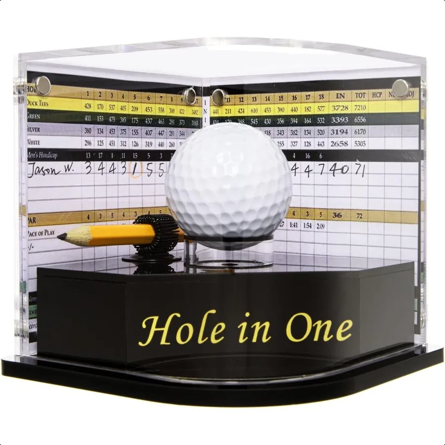 

Golf Ball Display Case for HoleinOne Golfer. Black Ball Throne with Golden Stamp. 2X Background Frames on Each Side of Cambered