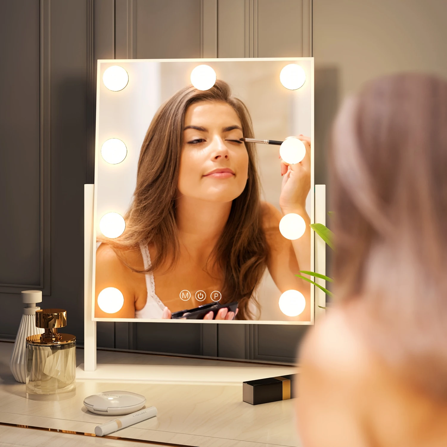 Miroir de courtoisie éclairé JFOSUP élégant avec grossissement 10X, lumières intelligentes à intensité variable et 360 °   Rotation, miroir de maquillage parfait pour