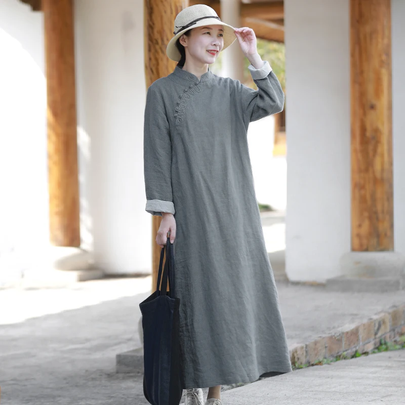 

LZJN Linen dress stand collar tray buckle solid color A-line skirt cotton hemp long skirt cover medium length female