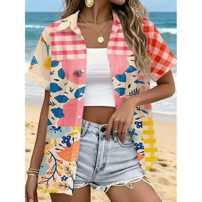 Women Short Sleeve Floral Plaid Patchwork Shirt Fresh Retro Style Button Down Commuting Casual Top Machine Washable
