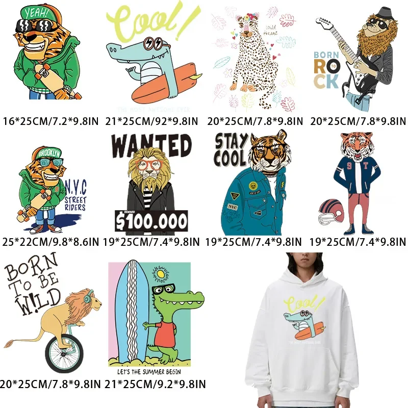 

10PCS cool cartoon animal design Tiger Lion iron on transfer for clothing dtf transfers ready to press Heat Transfer Printing