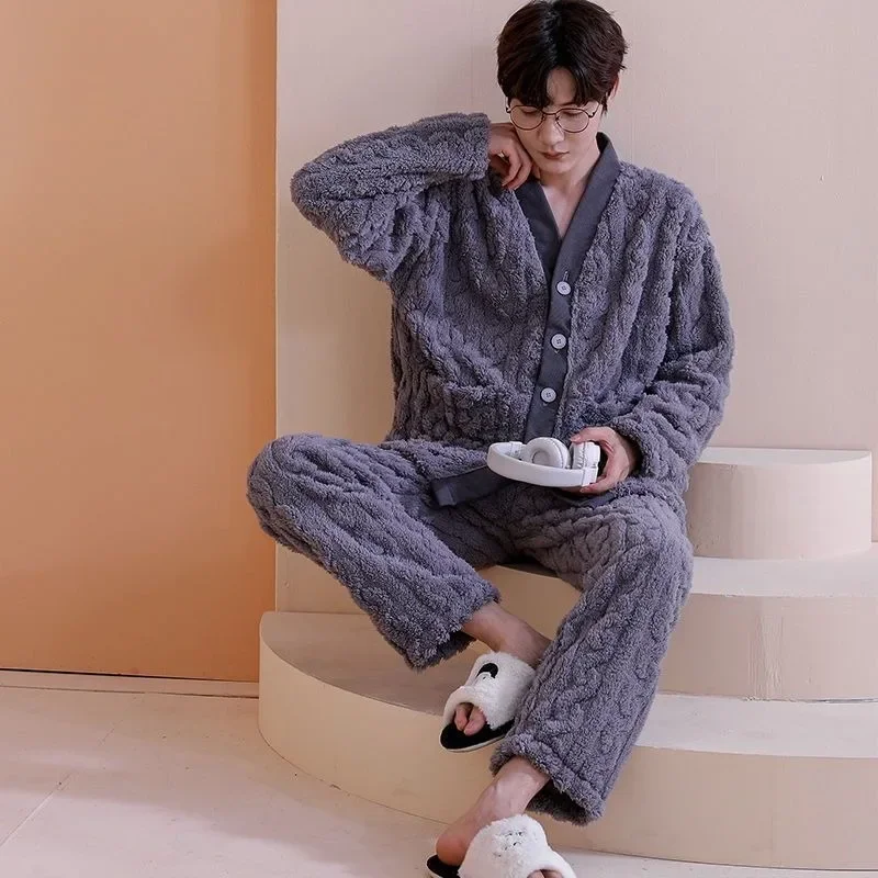 

Flannel Simple Home Clothes with Fleece Pajama Pajamas Gentleman Autumn Winter Warm Coral Fleece Young and Middle-aged Cardigan