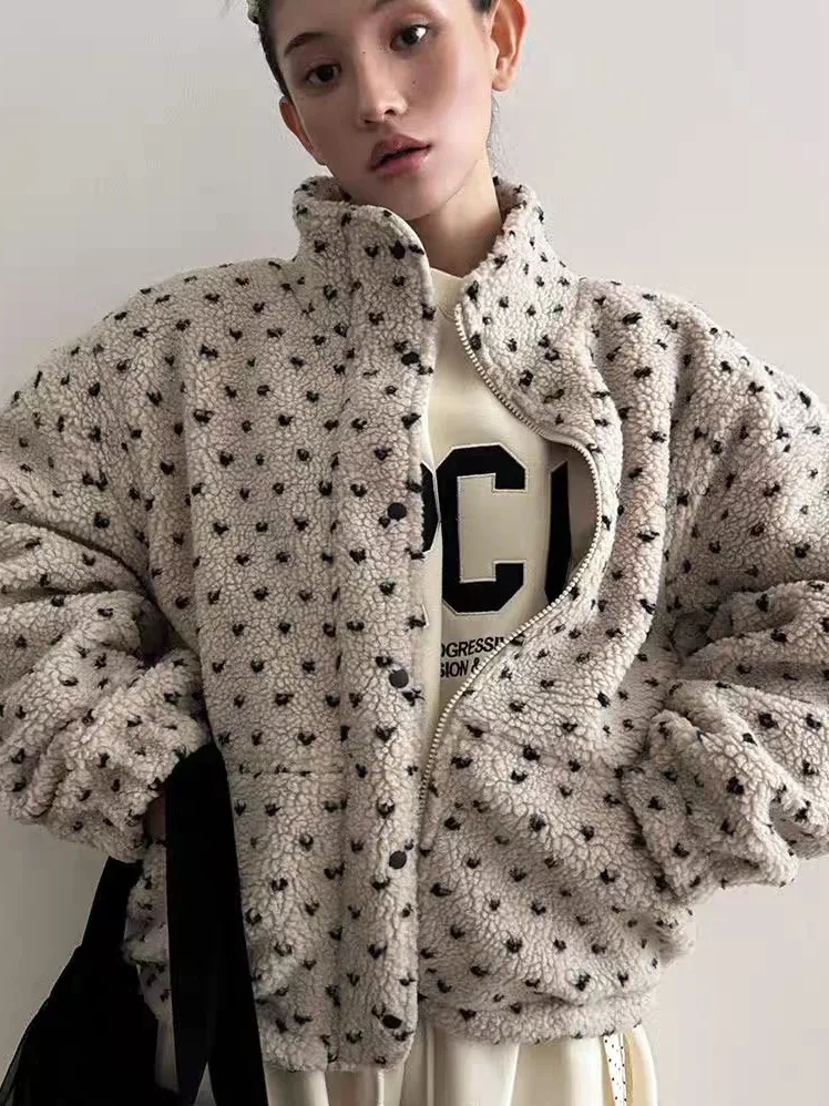 

Куртка из овечьего меха, женское зимнее новое универсальное хлопковое пальто, корейское модное теплое пальто с воротником-стойкой и принтом сердца