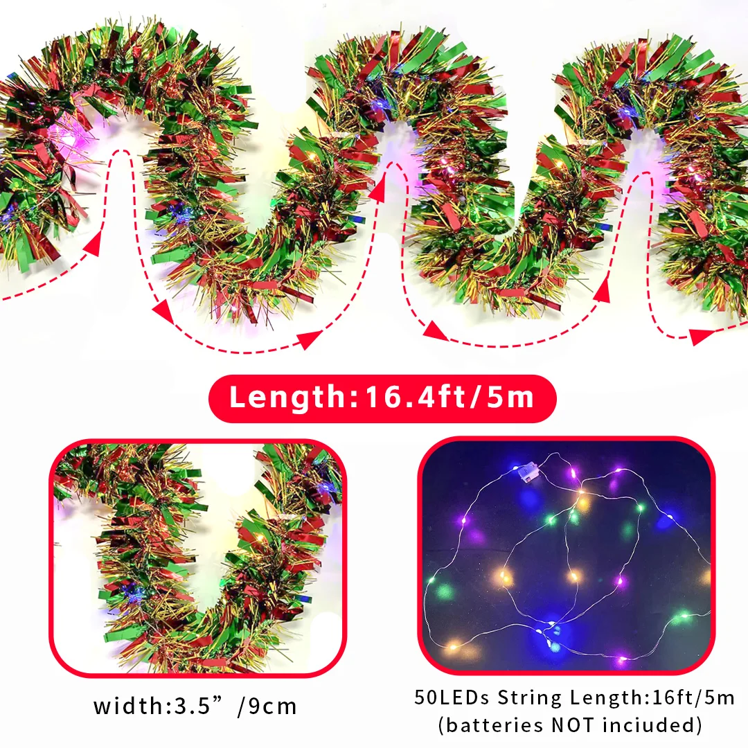 1pc 16 pés guirlanda de enfeites de natal metálico brilhante com luzes led árvore grossa decorações penduradas para festa de natal interior