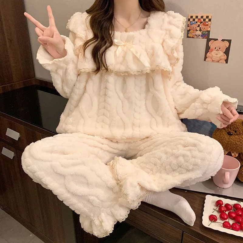 

Coral Fleece Women's Pajama Set Winter Girl Sweet Square Neckline Nightwear Keep Warm Sleepwear Wearable As Outerwear Homewear