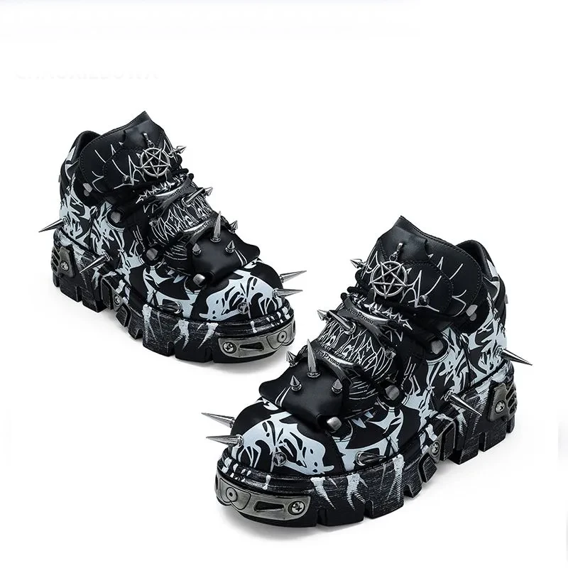 

Dark Metal Decoration Rivets Graffiti Thick Sole Leather Sneakers Gothic Punk Rock Fashion Ankle Casual Shoes For Men Women