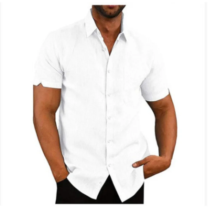 Cigy-Hot Sale Zomer Revers Effen Kleur Korte Mouw Knoop Heren Linnen Shirt Heren Kleding