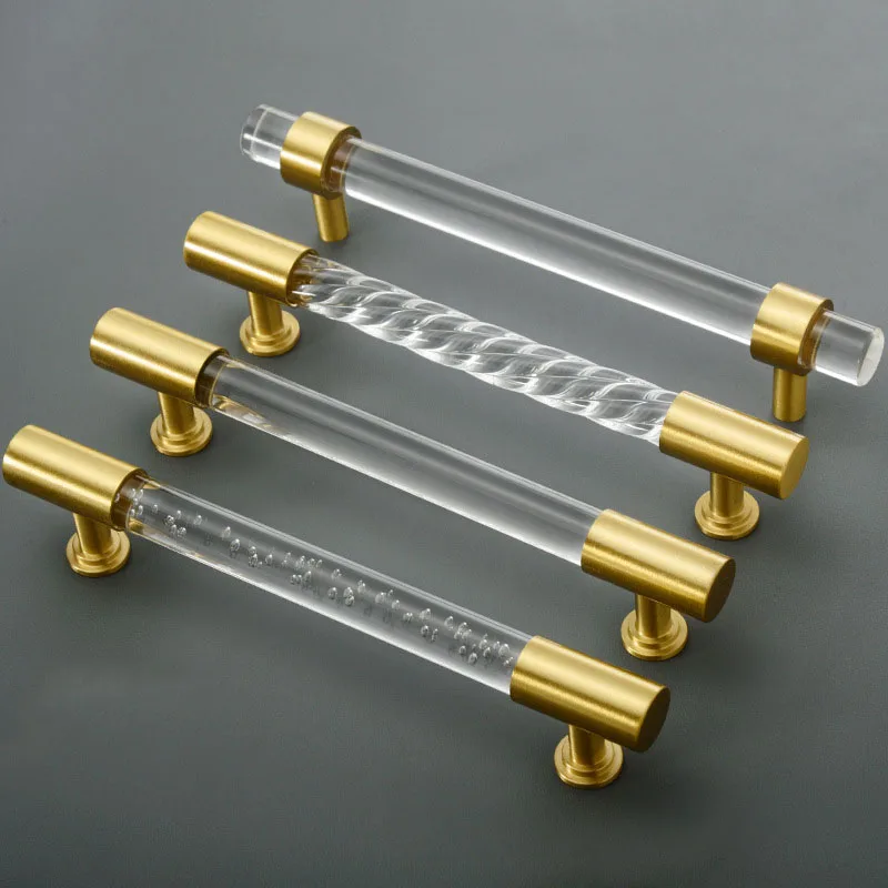 Transparent Acrylic Handle for Furniture Cabinet Pulls Brass Crystal Wardrobe Knobs Chest Drawer Bar Pull Handles