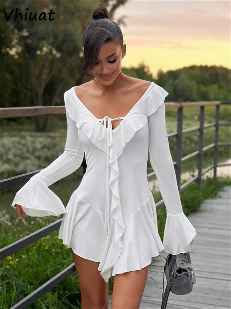 Vhiuat White Ruffles Long Flare Sleeve V Neck Slim Mini Dresses For Women 2024 Autumn Fashion Elegant Sexy Short Party Dress