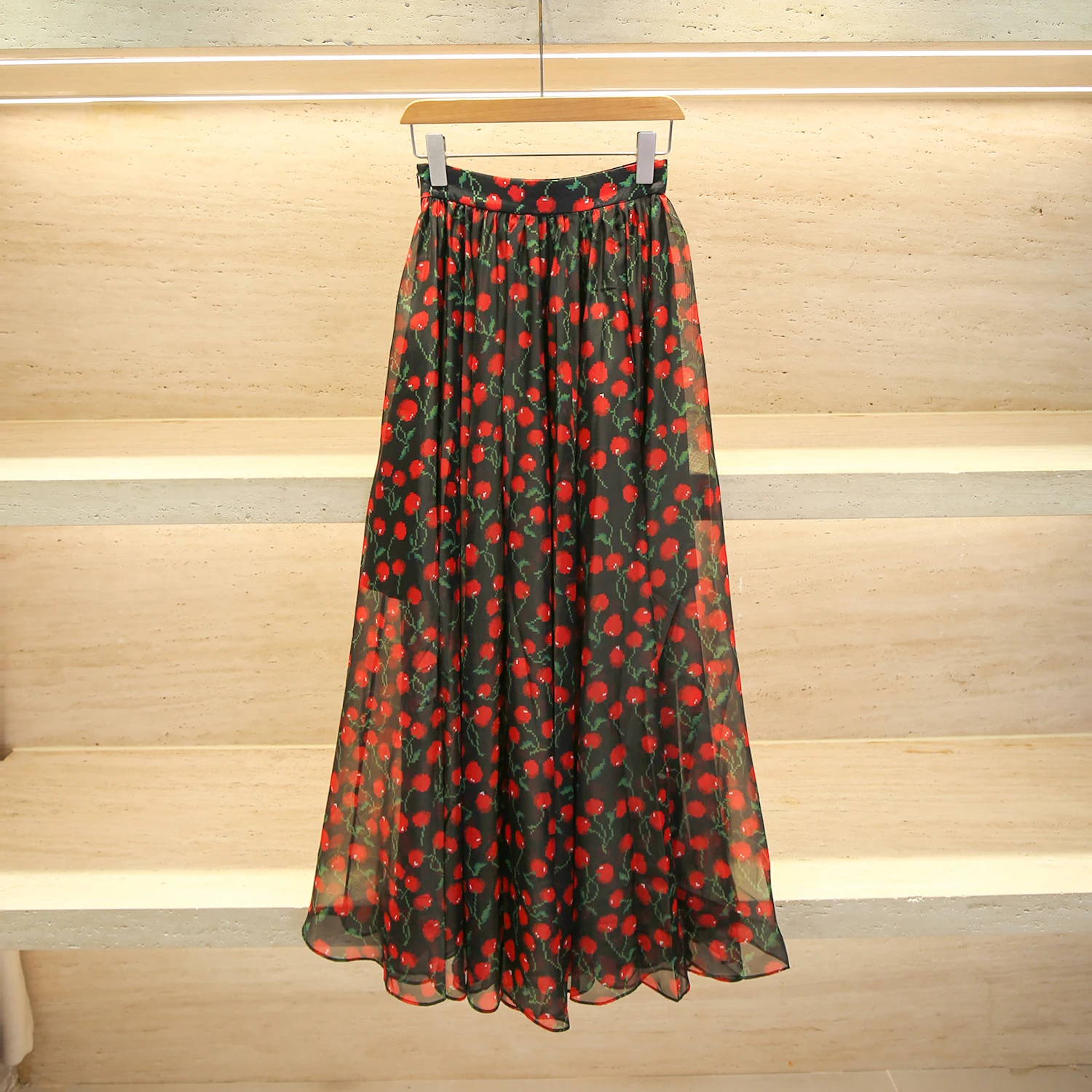 

High Waist A-Line Midi Skirt Cherry Print Vaion Sle Silk Blend Busin Casual Women's Skirts Commute Simple Sle