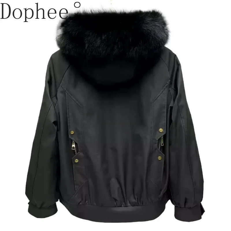 Short Parkas Korea Fashion Women Elegant Fox Fur Collar Hooded Wadded Jacket Removable Rex Rabbit Hair Liner Warm Overcoat