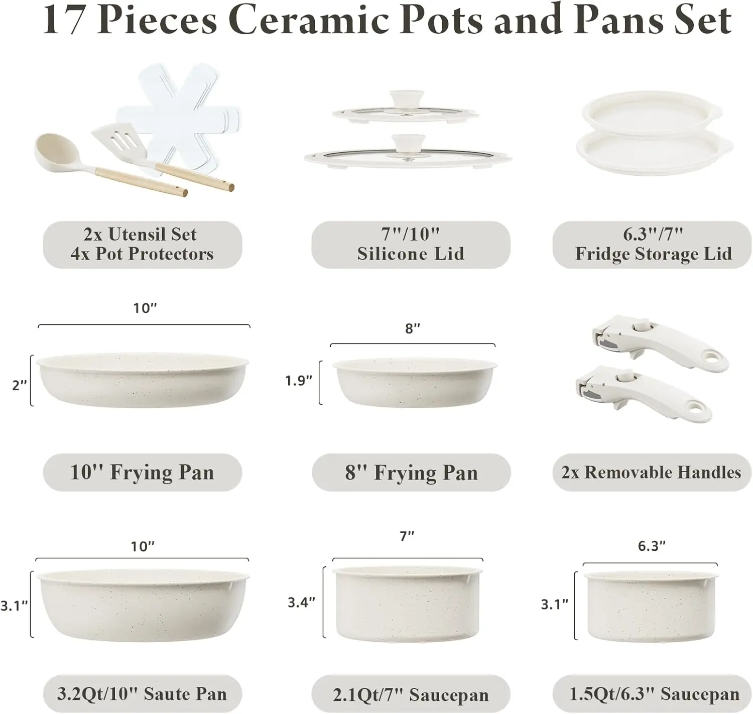 Ceramic Nonstick Cookware Set, Healthy,Non Toxic,17-Pieces Pots and Pans Set Removable Handles,Induction RV Kitchen Set,Stain