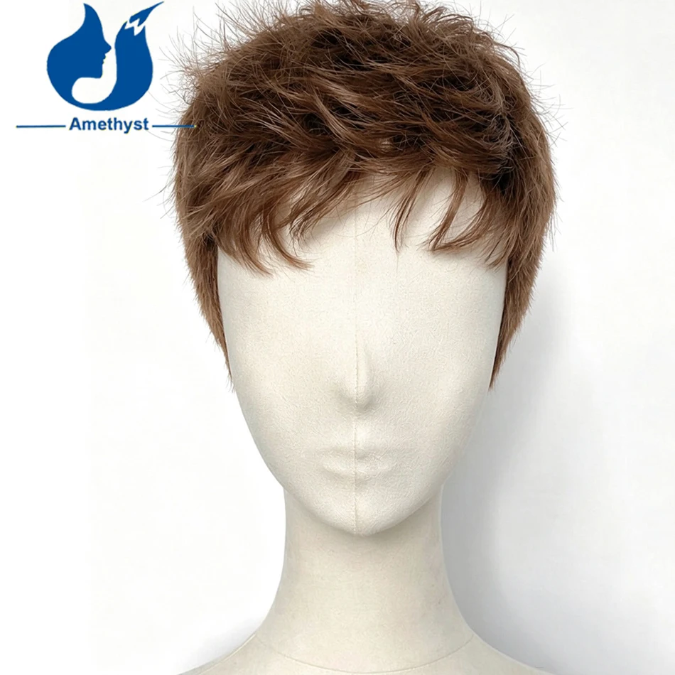 Amethyst Short Wavy Brown Shaved Cut Wig for Men with Sideburns Full Lace Human Hair Pre Styled with Bangs Remy Brazilian