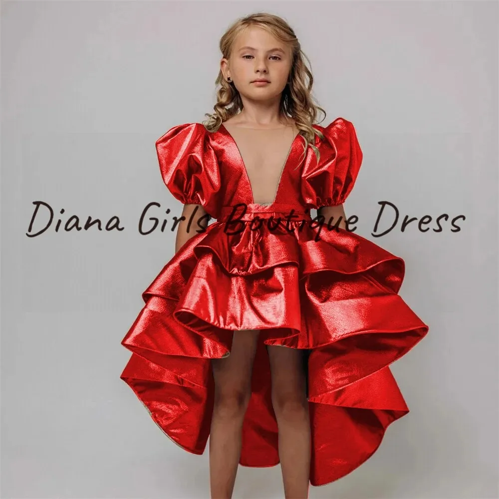 

Elegant Red Flower Girl Dress Layering Long Sleeve Satin Fluffy For Wedding Princess Beauty Kids Birthday Party Evening Gowns